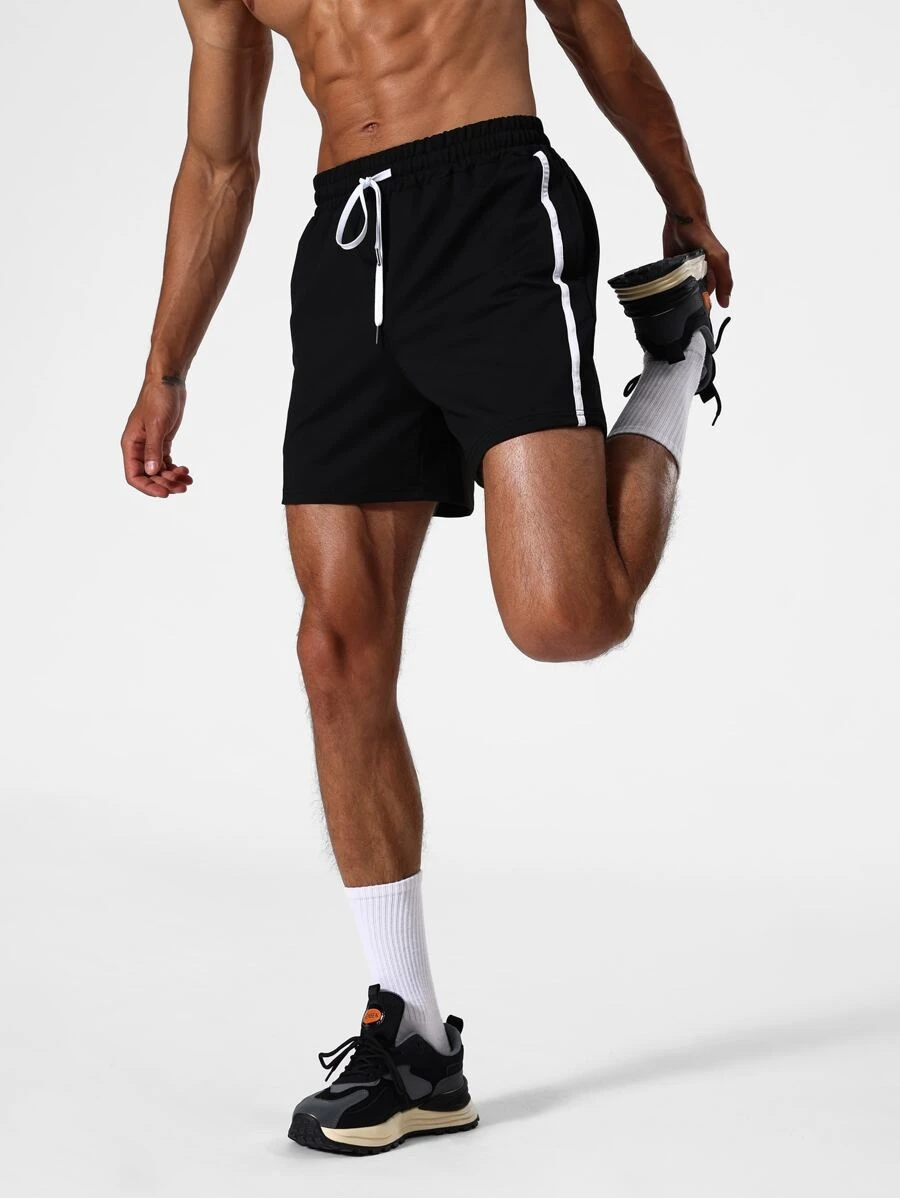Men Contrast Tape Drawstring Waist Sports Shorts - Black - View 1