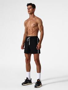 Men Contrast Tape Drawstring Waist Sports Shorts - Black - View 3