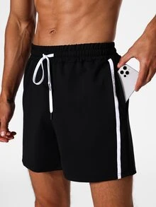 Men Contrast Tape Drawstring Waist Sports Shorts - Black - View 5