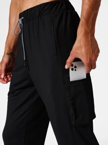 Men Drawstring Waist Slant Pocket Sport Trousers - Black - View 5