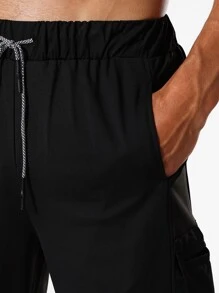 Men Drawstring Waist Slant Pocket Sport Trousers - Black - View 3