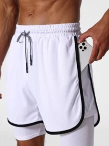Hombres Shorts deportivos unido en contraste 2 en 1 con con bolsillo - Blanco - Ver 5