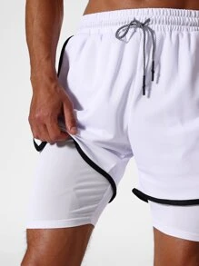 Hombres Shorts deportivos unido en contraste 2 en 1 con con bolsillo - Blanco - Ver 6
