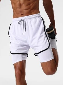 Hombres Shorts deportivos unido en contraste 2 en 1 con con bolsillo - Blanco - Ver 7