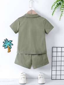 SHEIN Young Boy Casual Basic Collared Shirt & Shorts Set In Solid Green For Summer - Army Green - View 2