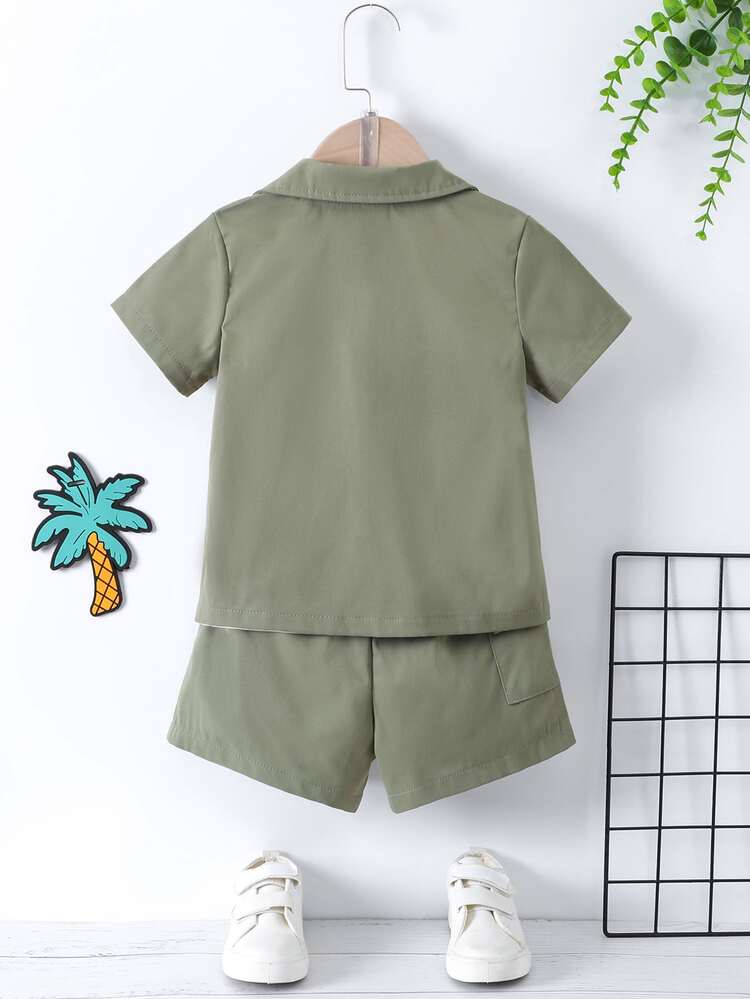 Young Boy Casual Basic Collared Shirt & Shorts Set In Solid Green For Summer