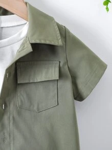 SHEIN Young Boy Casual Basic Collared Shirt & Shorts Set In Solid Green For Summer - Army Green - View 3