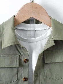 SHEIN Young Boy Casual Basic Collared Shirt & Shorts Set In Solid Green For Summer - Army Green - View 4