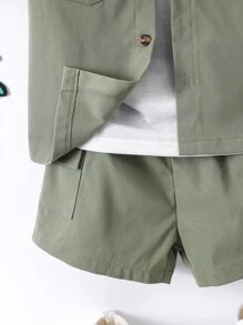 SHEIN Young Boy Casual Basic Collared Shirt & Shorts Set In Solid Green For Summer - Army Green - View 5