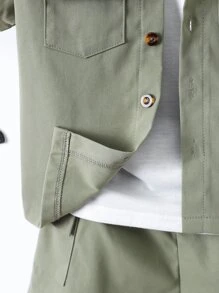SHEIN Young Boy Casual Basic Collared Shirt & Shorts Set In Solid Green For Summer - Army Green - View 6