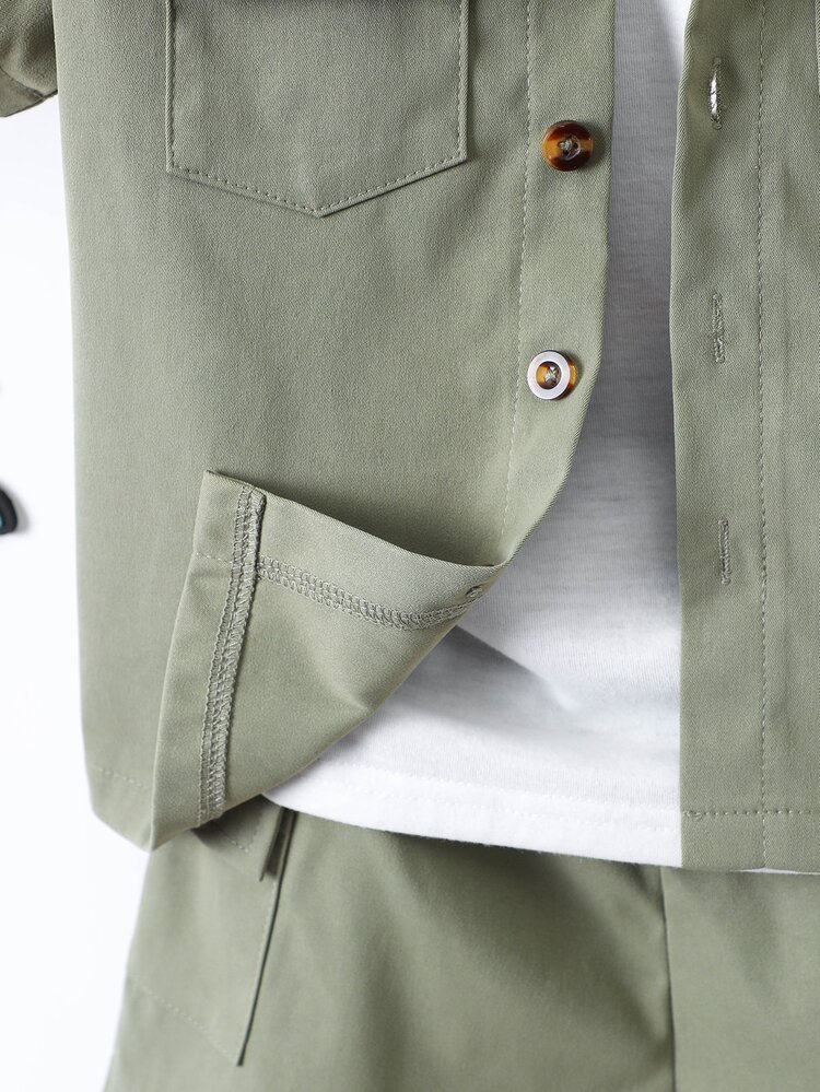 Young Boy Casual Basic Collared Shirt & Shorts Set In Solid Green For Summer