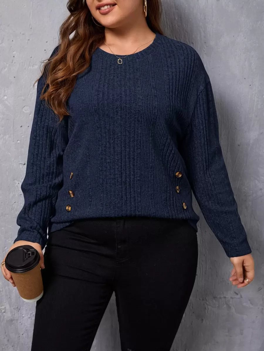 SHEIN LUNE Plus Button Detail Drop Shoulder Tee - Navy Blue - View 1