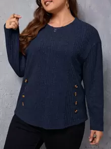 SHEIN LUNE Plus Button Detail Drop Shoulder Tee - Navy Blue - View 5