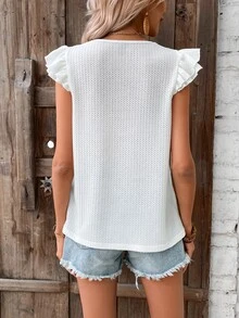 SHEIN LUNE Guipure Lace Panel Layered Sleeve Waffle Knit Tee - White - View 2