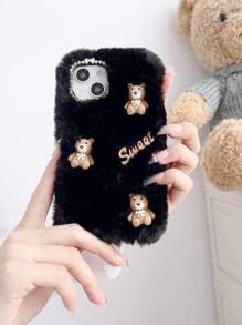 手作樹脂甜美三小熊毛絨手機殼 - 黑色 - 查看 2