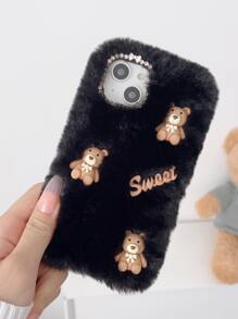 手作樹脂甜美三小熊毛絨手機殼 - 黑色 - 查看 4