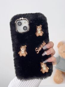 手作樹脂甜美三小熊毛絨手機殼 - 黑色 - 查看 6