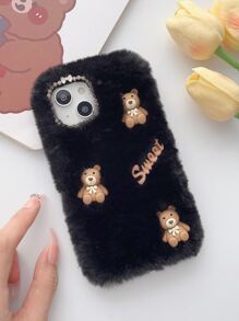 手作樹脂甜美三小熊毛絨手機殼 - 黑色 - 查看 8