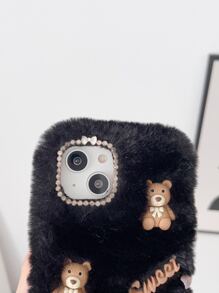 手作樹脂甜美三小熊毛絨手機殼 - 黑色 - 查看 9