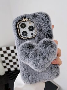 Funda para móvil felpa con adorno de corazón - Gris - Ver 1