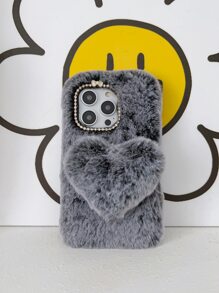 Funda para móvil felpa con adorno de corazón - Gris - Ver 2