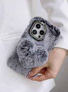 Funda para móvil felpa con adorno de corazón - Gris - Ver 3