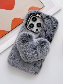 Funda para móvil felpa con adorno de corazón - Gris - Ver 5