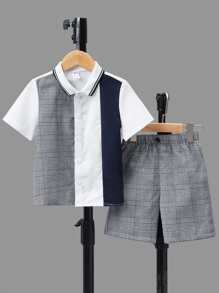 SHEIN 2入組年輕男孩休閒寬鬆運動套裝短袖衫和短褲，拼色款式