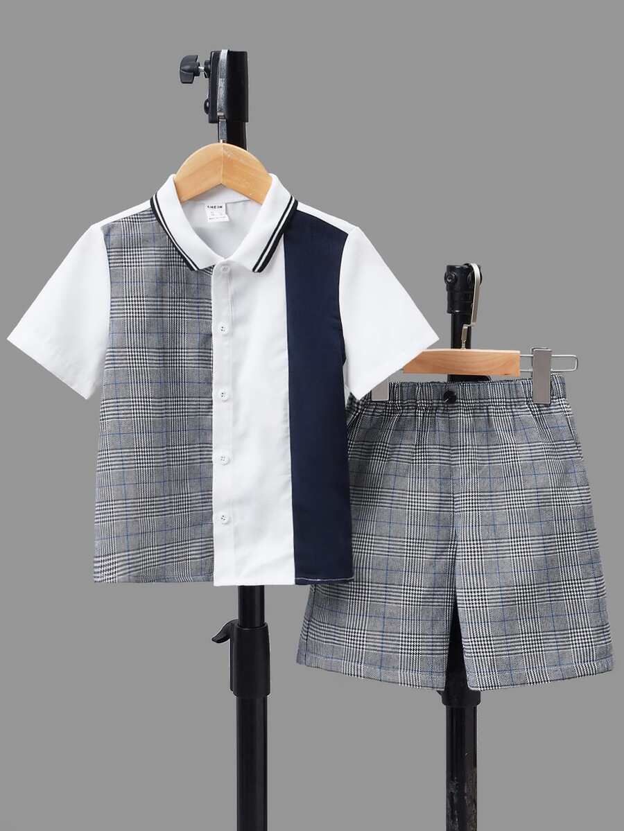 SHEIN 2入組年輕男孩休閒寬鬆運動套裝短袖衫和短褲，拼色款式