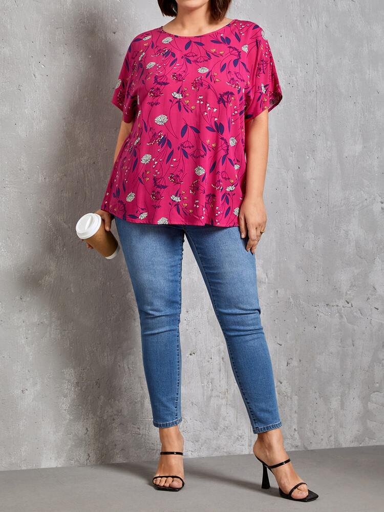 EMERY ROSE Plus Floral Print Batwing Sleeve Top - Hot Pink - View 3