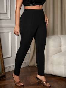 SHEIN SXY 大碼素色高腰緊身打底褲 - 黑色 - 查看 1