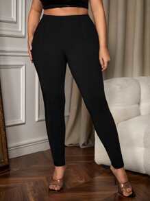 SHEIN SXY 大碼素色高腰緊身打底褲 - 黑色 - 查看 3