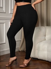 SHEIN SXY 大碼素色高腰緊身打底褲 - 黑色 - 查看 4