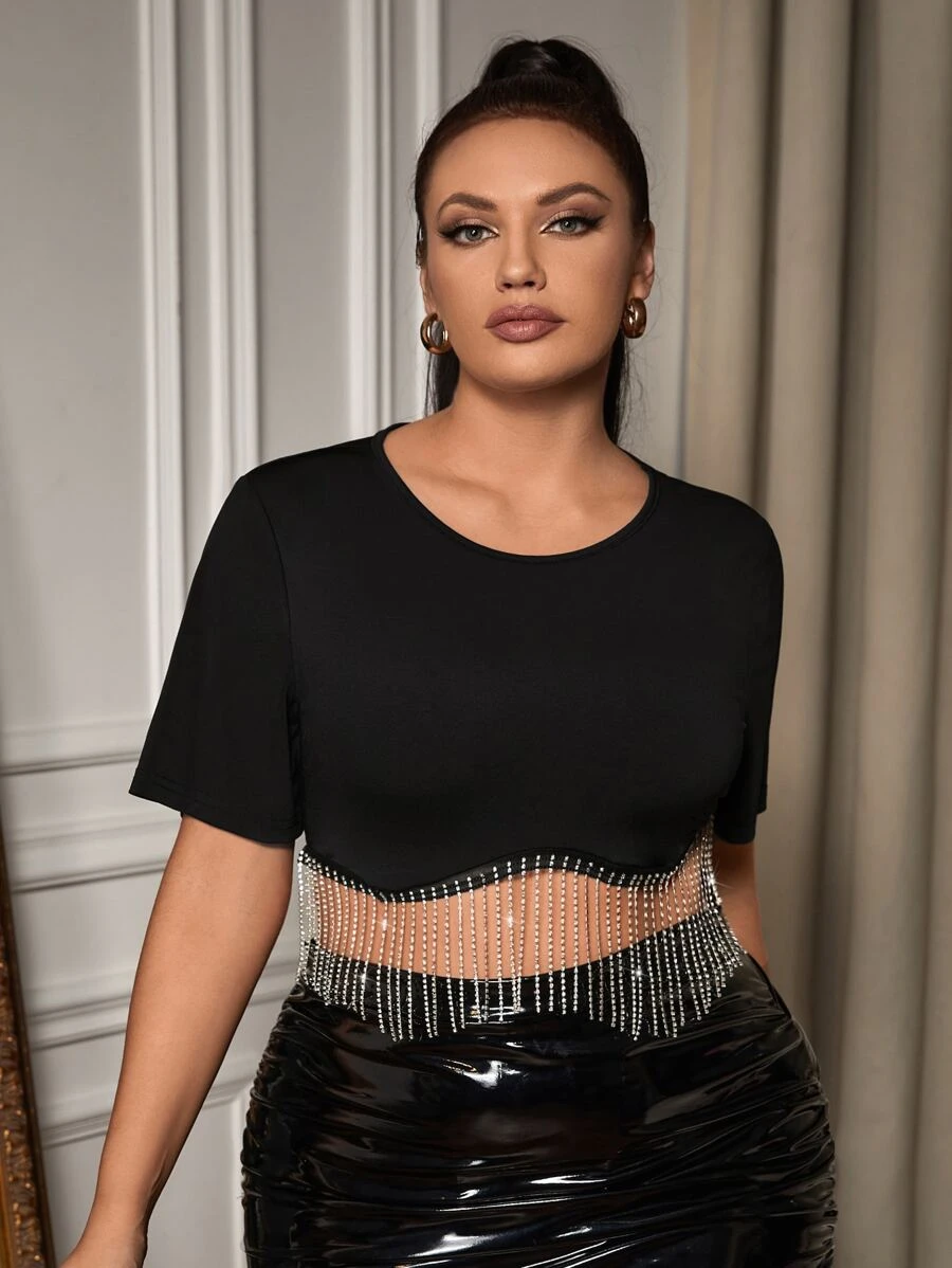SHEIN SXY 大碼水鑽流蘇下擺短款上衣 - 黑色 - 查看 1