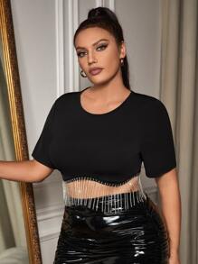 SHEIN SXY 大碼水鑽流蘇下擺短款上衣 - 黑色 - 查看 4