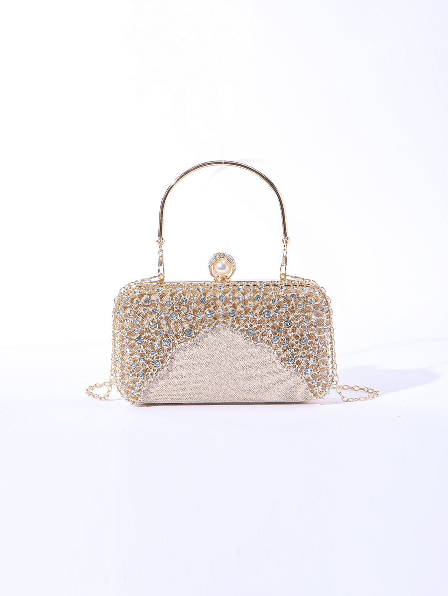 迷你金屬亮絲人造珍珠和水鑽裝飾鏈條盒型包,完美新娘錢包適合婚禮,舞會和派對活動 - 玫瑰金 - 查看 1