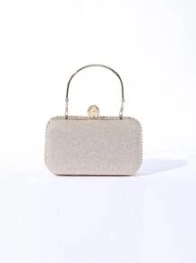 迷你金屬亮絲人造珍珠和水鑽裝飾鏈條盒型包,完美新娘錢包適合婚禮,舞會和派對活動 - 玫瑰金 - 查看 2