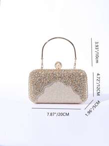 迷你金屬亮絲人造珍珠和水鑽裝飾鏈條盒型包,完美新娘錢包適合婚禮,舞會和派對活動 - 玫瑰金 - 查看 3