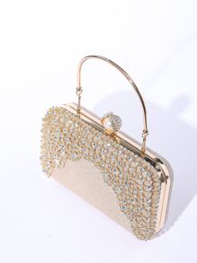 迷你金屬亮絲人造珍珠和水鑽裝飾鏈條盒型包,完美新娘錢包適合婚禮,舞會和派對活動 - 玫瑰金 - 查看 4