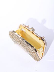 迷你金屬亮絲人造珍珠和水鑽裝飾鏈條盒型包,完美新娘錢包適合婚禮,舞會和派對活動 - 玫瑰金 - 查看 5