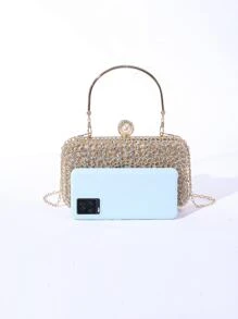 迷你金屬亮絲人造珍珠和水鑽裝飾鏈條盒型包,完美新娘錢包適合婚禮,舞會和派對活動 - 玫瑰金 - 查看 6