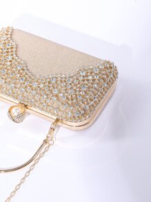 迷你金屬亮絲人造珍珠和水鑽裝飾鏈條盒型包,完美新娘錢包適合婚禮,舞會和派對活動 - 玫瑰金 - 查看 7