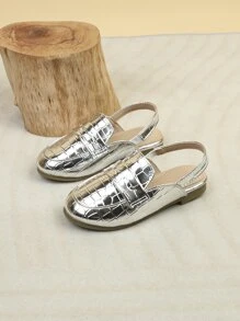 Girls Metallic Crocodile Embossed Slingback Flat Loafers - Silver - View 2