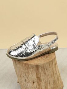 Girls Metallic Crocodile Embossed Slingback Flat Loafers - Silver - View 4