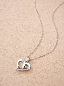 Rhinestone Decor Heart Charm Silver Necklace - Silver - View 6