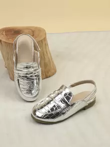 Girls Metallic Crocodile Embossed Slingback Flat Loafers - Silver - View 5