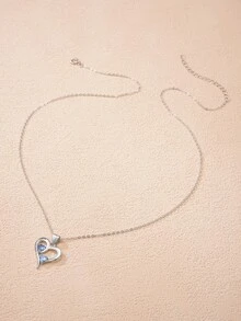 Rhinestone Decor Heart Charm Silver Necklace - Silver - View 7