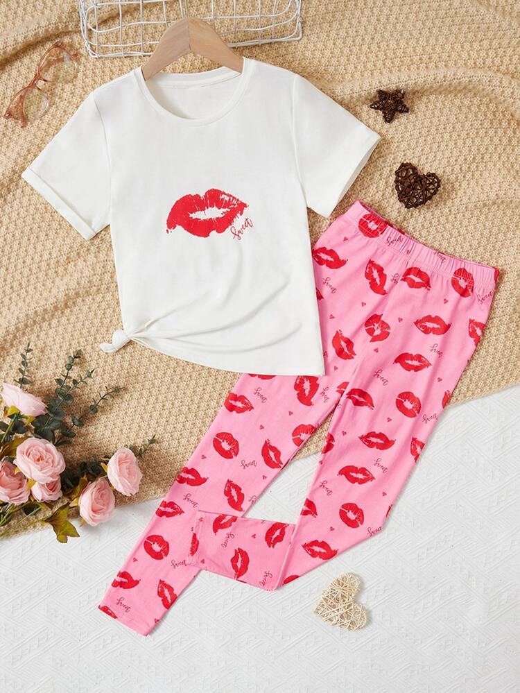 Girls Lip Print Tee & Leggings PJ Set