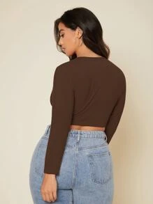 SHEIN Essnce 大碼扭結前素色短款T恤 - 咖啡棕 - 查看 2