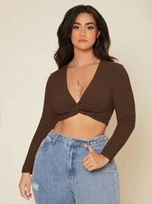 SHEIN Essnce 大碼扭結前素色短款T恤 - 咖啡棕 - 查看 3